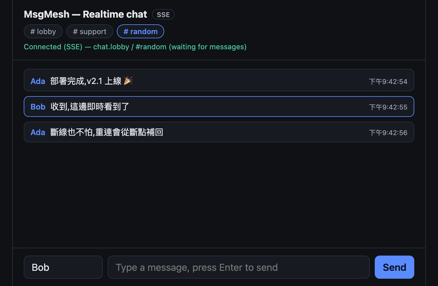chat-web running: two tabs exchanging messages in the same room in realtime, status bar showing Connected (SSE)